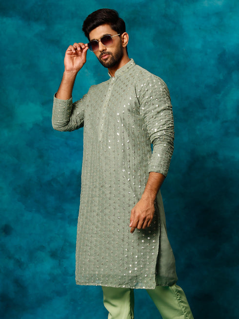 Men's Mint Green Georgette Sequins  Kurta